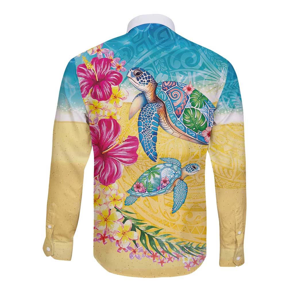 Hawaiian Tropical Plants Turtles Long Sleeve Button Shirt Watercolor Style - Polynesian Pride