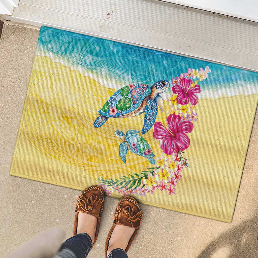 Hawaiian Tropical Plants Turtles Rubber Doormat Watercolor Style - Polynesian Pride