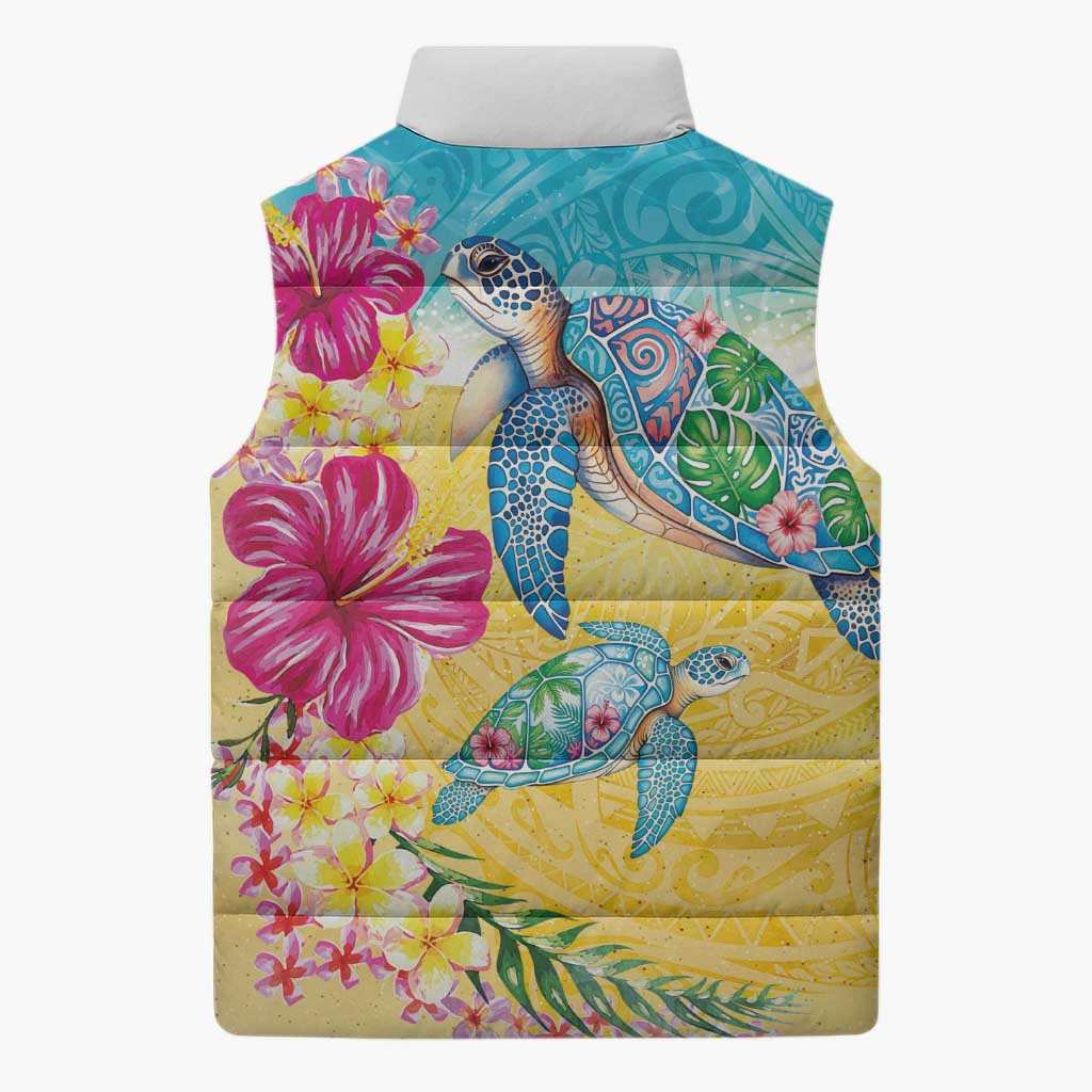 Hawaiian Tropical Plants Turtles Sleeveless Puffer Jacket Watercolor Style LT03 - Polynesian Pride