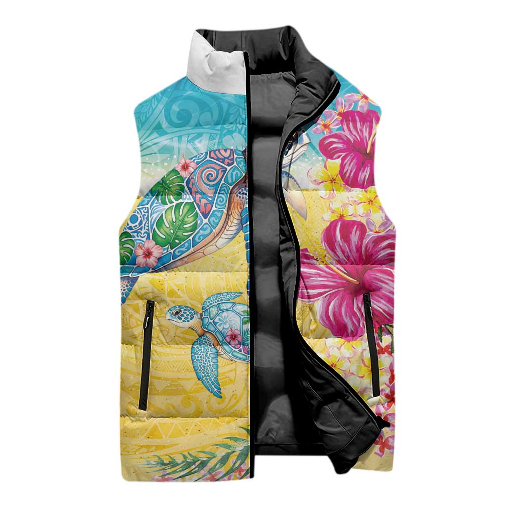Hawaiian Tropical Plants Turtles Sleeveless Puffer Jacket Watercolor Style LT03 - Polynesian Pride