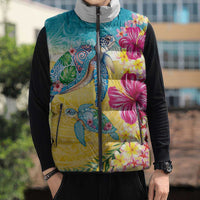 Hawaiian Tropical Plants Turtles Sleeveless Puffer Jacket Watercolor Style LT03 - Polynesian Pride