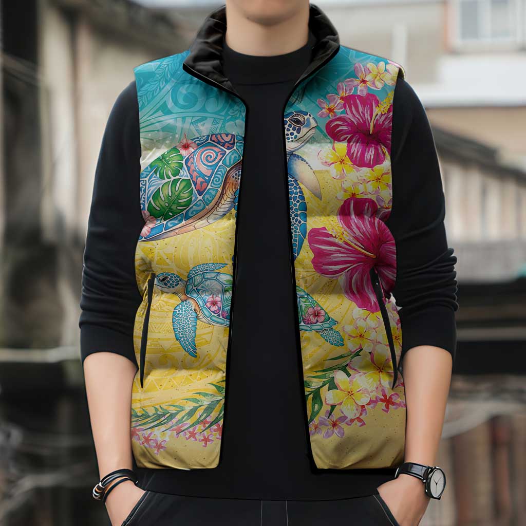 Hawaiian Tropical Plants Turtles Sleeveless Puffer Jacket Watercolor Style LT03 - Polynesian Pride