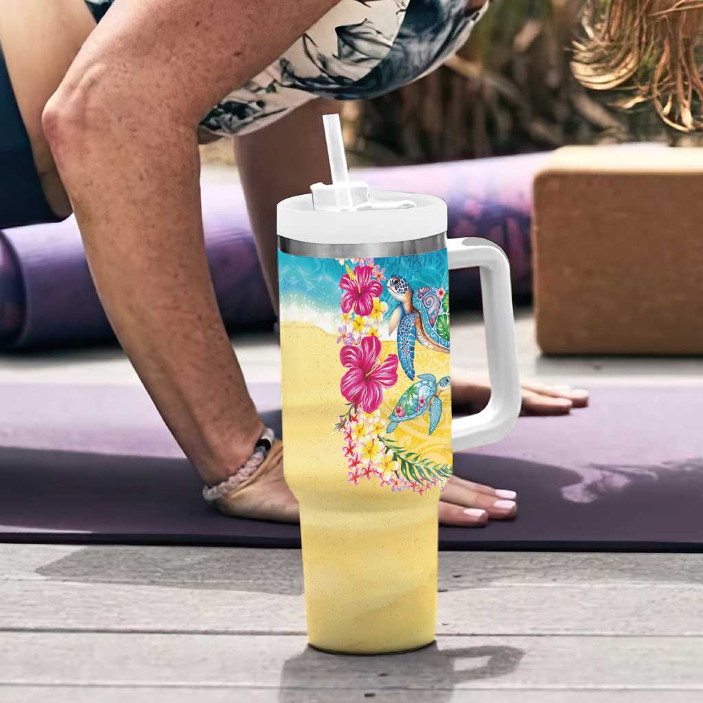 Hawaiian Tropical Plants Turtles Tumbler With Handle Watercolor Style - Polynesian Pride