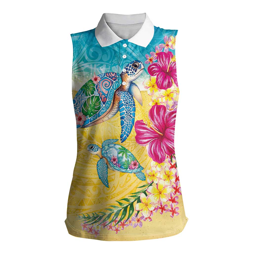 Hawaiian Tropical Plants Turtles Women Sleeveless Polo Shirt Watercolor Style LT03 Female Multicolor - Polynesian Pride