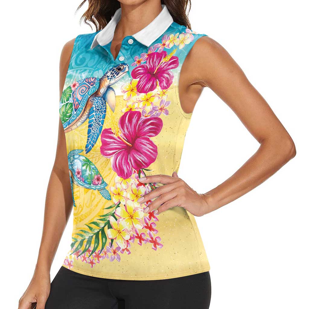 Hawaiian Tropical Plants Turtles Women Sleeveless Polo Shirt Watercolor Style LT03 - Polynesian Pride