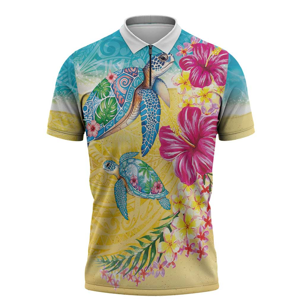 Hawaiian Tropical Plants Turtles Zipper Polo Shirt Watercolor Style LT03 Multicolor - Polynesian Pride