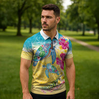 Hawaiian Tropical Plants Turtles Zipper Polo Shirt Watercolor Style LT03 - Polynesian Pride