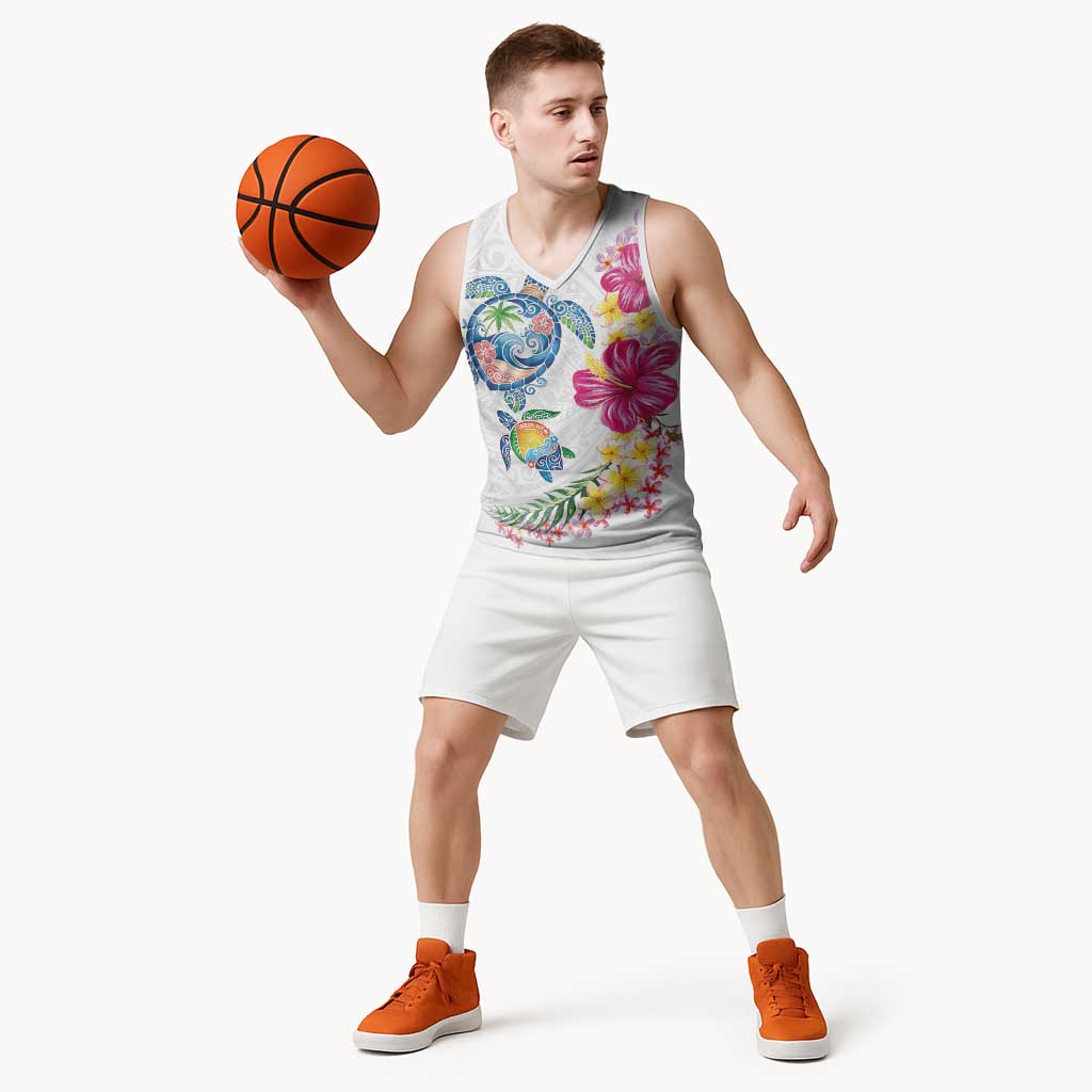 Hawaiian Abstract Art Turtles Basketball Jersey with Plumeria and Hibiscus - Polynesian Pride