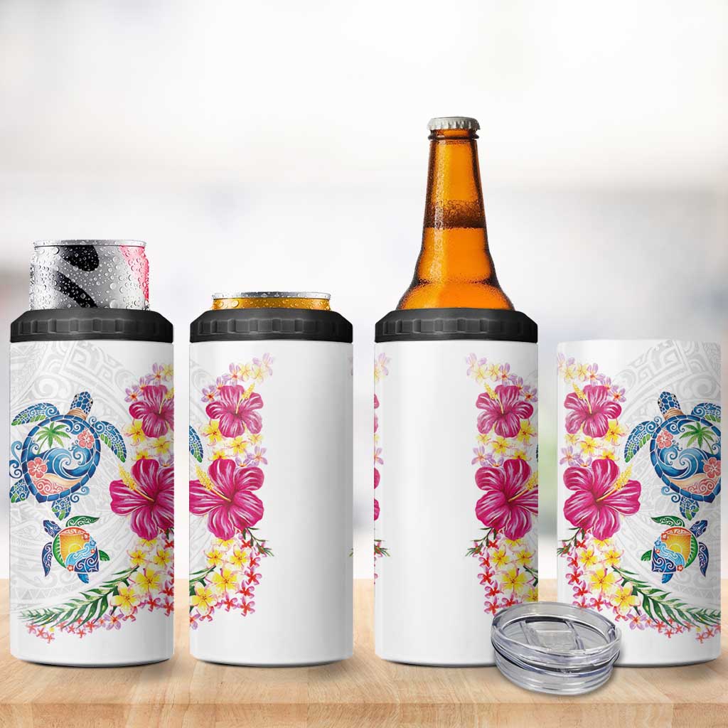 Hawaiian Abstract Art Turtles 4 in 1 Can Cooler Tumbler with Plumeria and Hibiscus LT03 - Polynesian Pride
