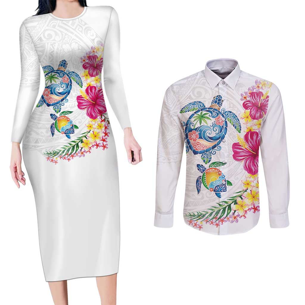 Hawaiian Abstract Art Turtles Couples Matching Long Sleeve Bodycon Dress and Long Sleeve Button Shirt with Plumeria and Hibiscus LT03 White - Polynesian Pride