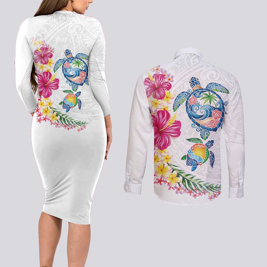 Hawaiian Abstract Art Turtles Couples Matching Long Sleeve Bodycon Dress and Long Sleeve Button Shirt with Plumeria and Hibiscus LT03 - Polynesian Pride