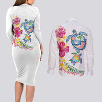 Hawaiian Abstract Art Turtles Couples Matching Long Sleeve Bodycon Dress and Long Sleeve Button Shirt with Plumeria and Hibiscus LT03 - Polynesian Pride