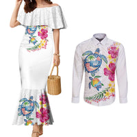Hawaiian Abstract Art Turtles Couples Matching Mermaid Dress and Long Sleeve Button Shirt with Plumeria and Hibiscus LT03 White - Polynesian Pride