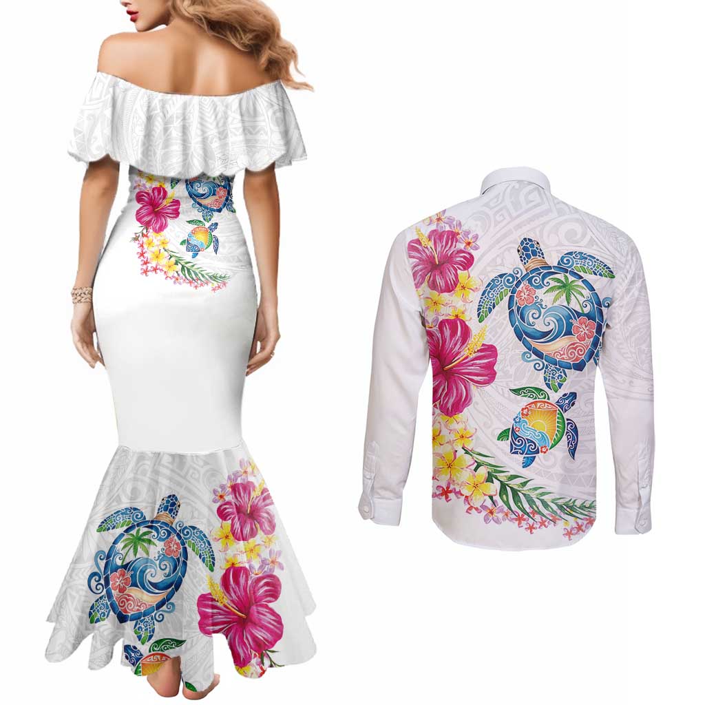 Hawaiian Abstract Art Turtles Couples Matching Mermaid Dress and Long Sleeve Button Shirt with Plumeria and Hibiscus LT03 - Polynesian Pride
