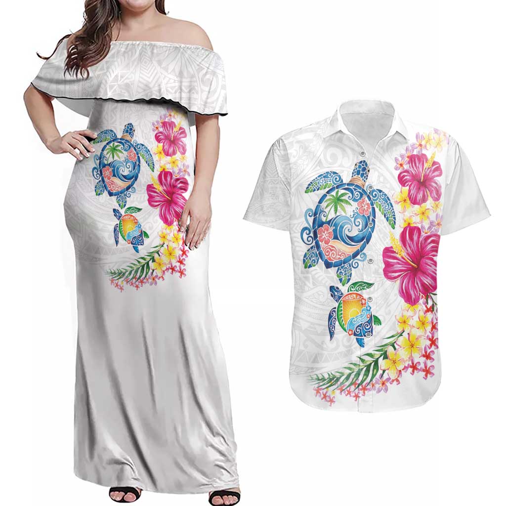 Hawaiian Abstract Art Turtles Couples Matching Off Shoulder Maxi Dress and Hawaiian Shirt with Plumeria and Hibiscus LT03 White - Polynesian Pride