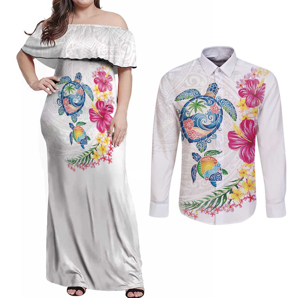 Hawaiian Abstract Art Turtles Couples Matching Off Shoulder Maxi Dress and Long Sleeve Button Shirt with Plumeria and Hibiscus LT03 White - Polynesian Pride