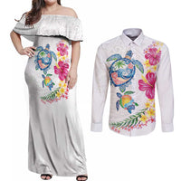 Hawaiian Abstract Art Turtles Couples Matching Off Shoulder Maxi Dress and Long Sleeve Button Shirt with Plumeria and Hibiscus LT03 White - Polynesian Pride