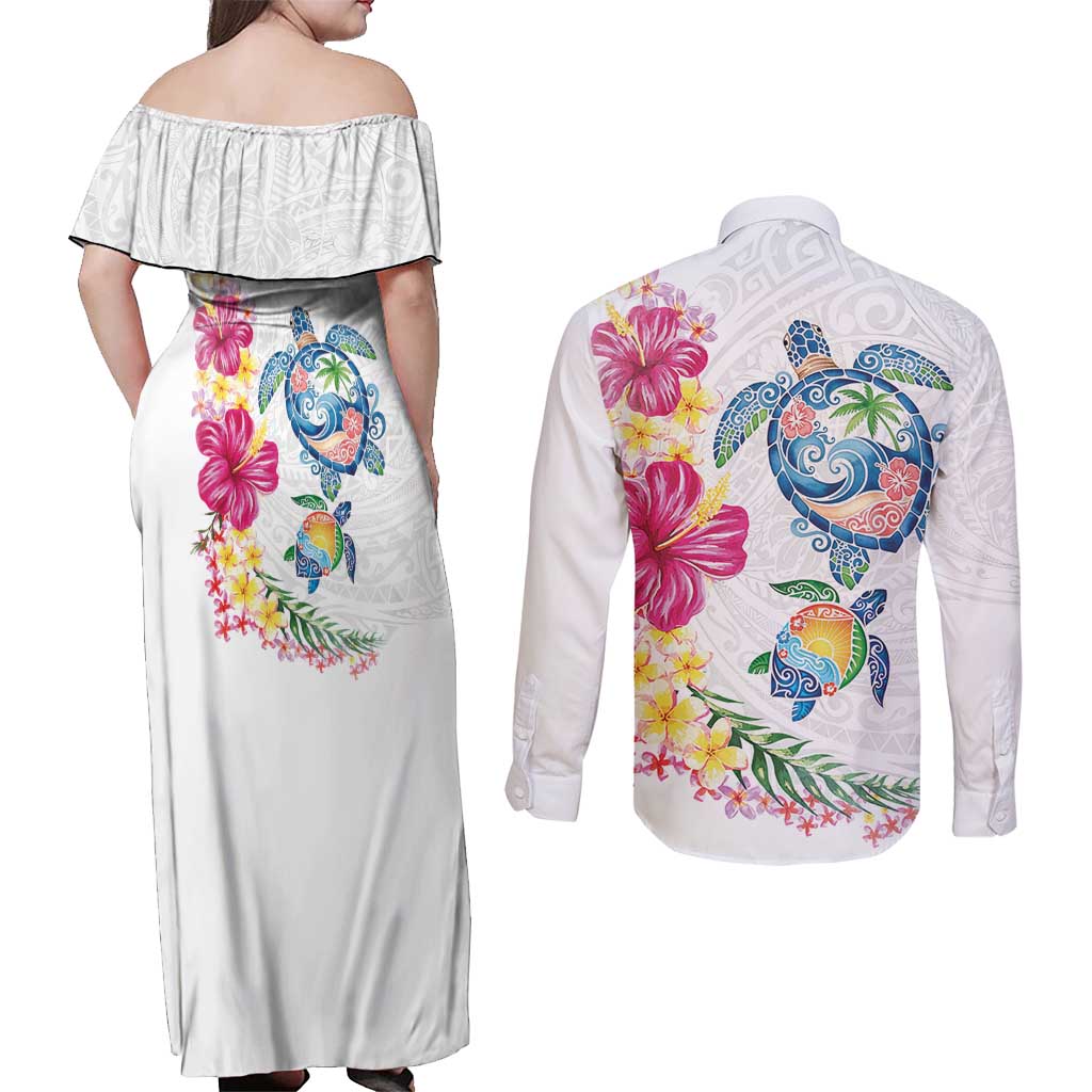 Hawaiian Abstract Art Turtles Couples Matching Off Shoulder Maxi Dress and Long Sleeve Button Shirt with Plumeria and Hibiscus LT03 - Polynesian Pride