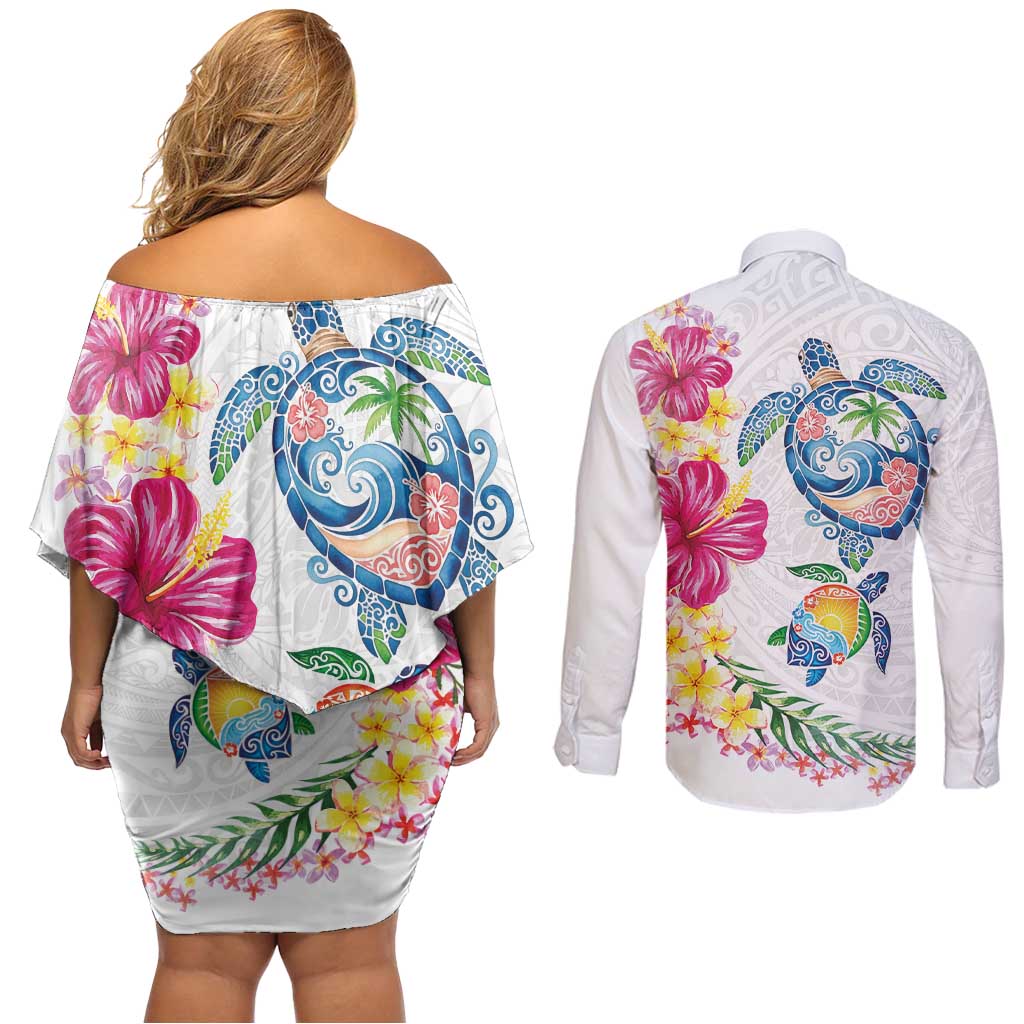 Hawaiian Abstract Art Turtles Couples Matching Off Shoulder Short Dress and Long Sleeve Button Shirt with Plumeria and Hibiscus LT03 - Polynesian Pride