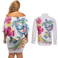 Hawaiian Abstract Art Turtles Couples Matching Off Shoulder Short Dress and Long Sleeve Button Shirt with Plumeria and Hibiscus LT03 - Polynesian Pride