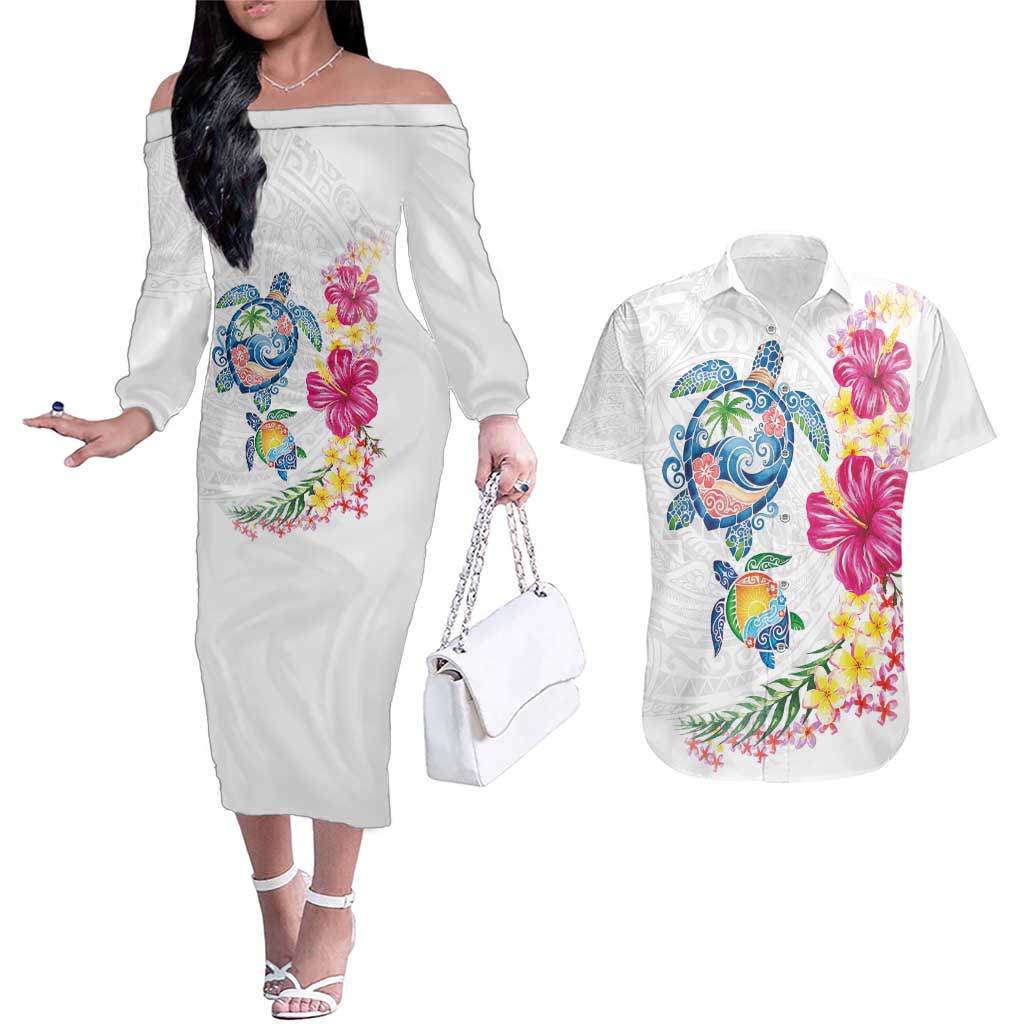 Hawaiian Abstract Art Turtles Couples Matching Off The Shoulder Long Sleeve Dress and Hawaiian Shirt with Plumeria and Hibiscus LT03 White - Polynesian Pride