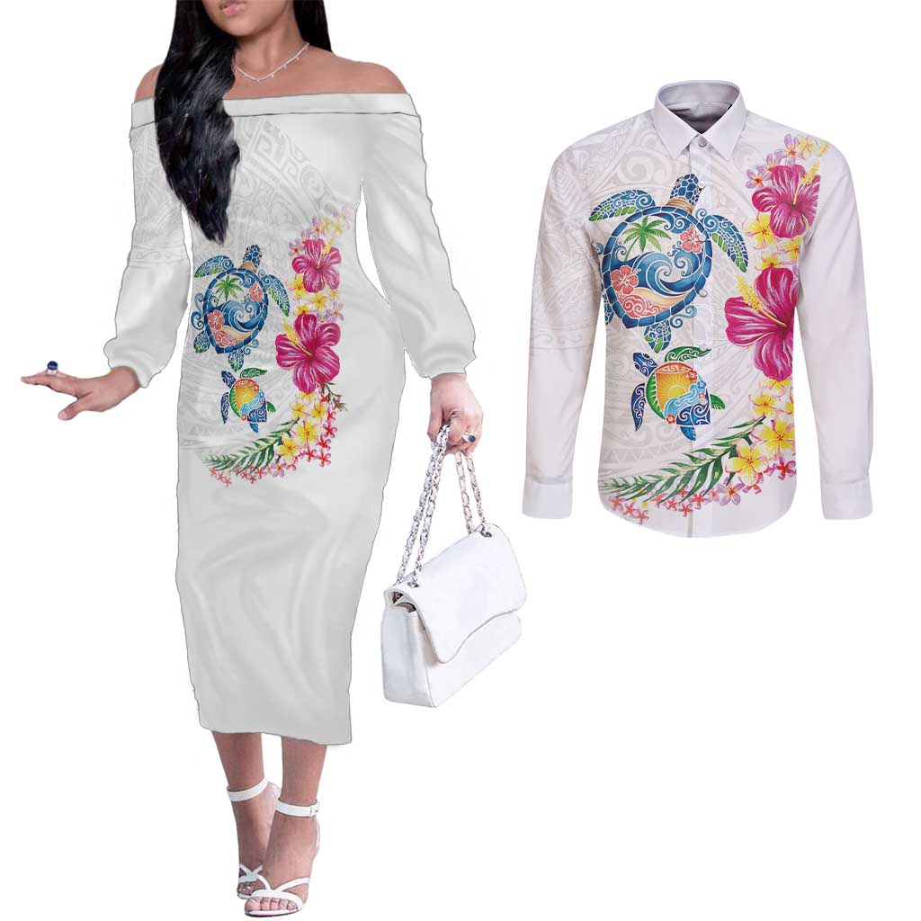 Hawaiian Abstract Art Turtles Couples Matching Off The Shoulder Long Sleeve Dress and Long Sleeve Button Shirt with Plumeria and Hibiscus LT03 White - Polynesian Pride