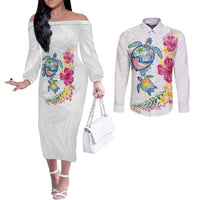 Hawaiian Abstract Art Turtles Couples Matching Off The Shoulder Long Sleeve Dress and Long Sleeve Button Shirt with Plumeria and Hibiscus LT03 White - Polynesian Pride