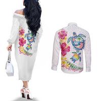 Hawaiian Abstract Art Turtles Couples Matching Off The Shoulder Long Sleeve Dress and Long Sleeve Button Shirt with Plumeria and Hibiscus LT03 - Polynesian Pride