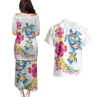 Hawaiian Abstract Art Turtles Couples Matching Puletasi and Hawaiian Shirt with Plumeria and Hibiscus LT03 - Polynesian Pride
