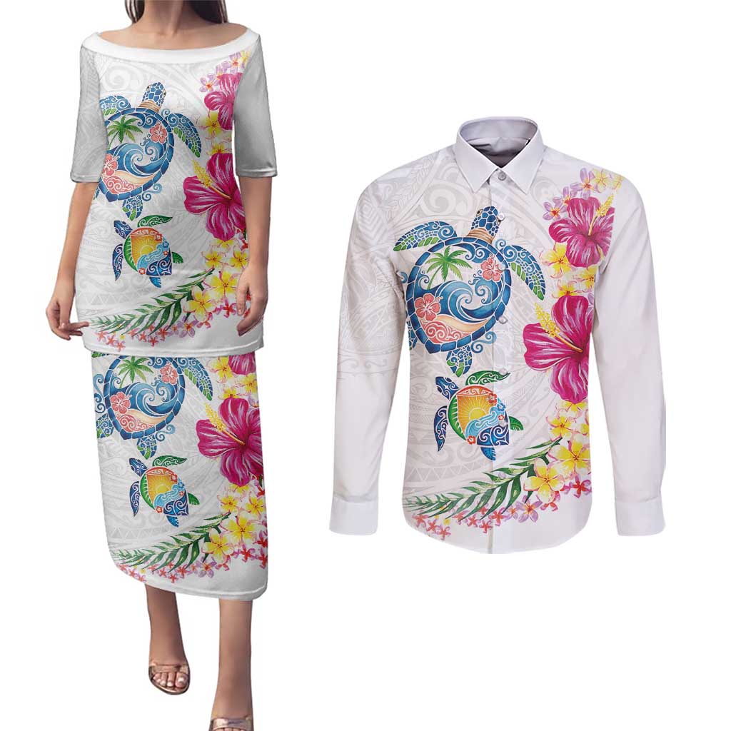Hawaiian Abstract Art Turtles Couples Matching Puletasi and Long Sleeve Button Shirt with Plumeria and Hibiscus LT03 White - Polynesian Pride