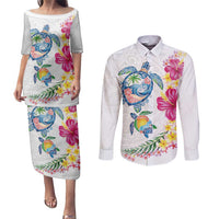 Hawaiian Abstract Art Turtles Couples Matching Puletasi and Long Sleeve Button Shirt with Plumeria and Hibiscus LT03 White - Polynesian Pride