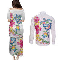 Hawaiian Abstract Art Turtles Couples Matching Puletasi and Long Sleeve Button Shirt with Plumeria and Hibiscus LT03 - Polynesian Pride