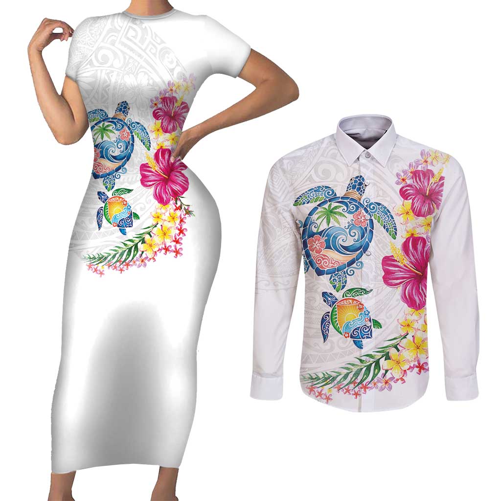 Hawaiian Abstract Art Turtles Couples Matching Short Sleeve Bodycon Dress and Long Sleeve Button Shirt with Plumeria and Hibiscus LT03 White - Polynesian Pride