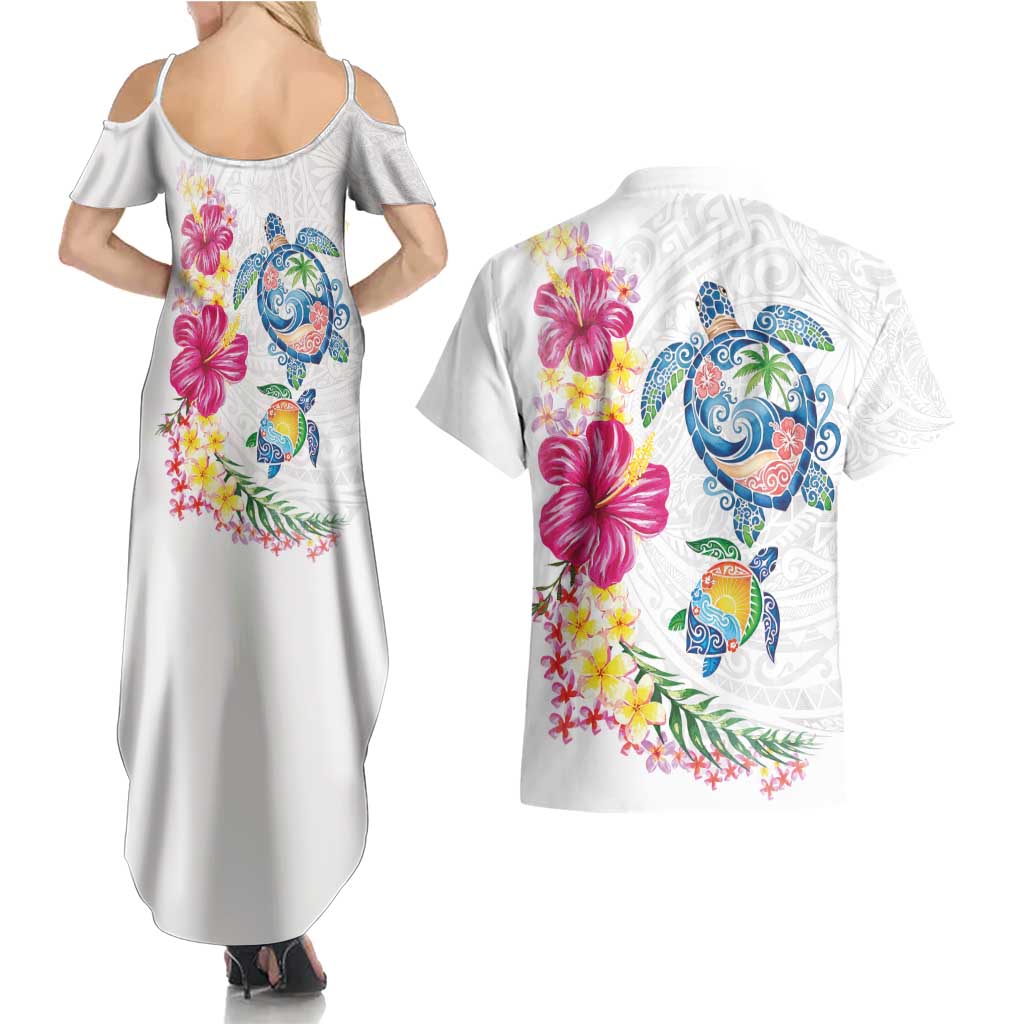 Hawaiian Abstract Art Turtles Couples Matching Summer Maxi Dress and Hawaiian Shirt with Plumeria and Hibiscus LT03 - Polynesian Pride