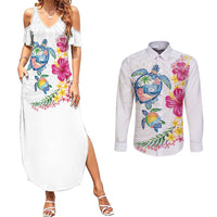 Hawaiian Abstract Art Turtles Couples Matching Summer Maxi Dress and Long Sleeve Button Shirt with Plumeria and Hibiscus LT03 White - Polynesian Pride