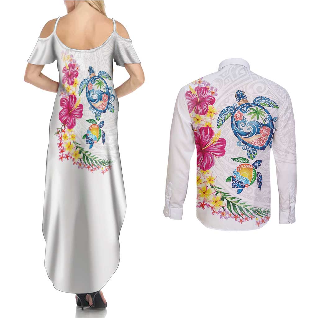 Hawaiian Abstract Art Turtles Couples Matching Summer Maxi Dress and Long Sleeve Button Shirt with Plumeria and Hibiscus LT03 - Polynesian Pride