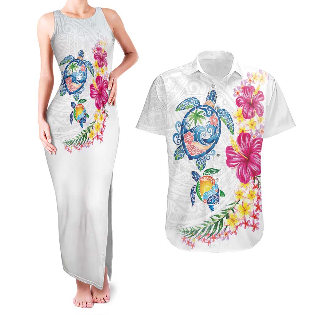 Hawaiian Abstract Art Turtles Couples Matching Tank Maxi Dress and Hawaiian Shirt with Plumeria and Hibiscus LT03 White - Polynesian Pride
