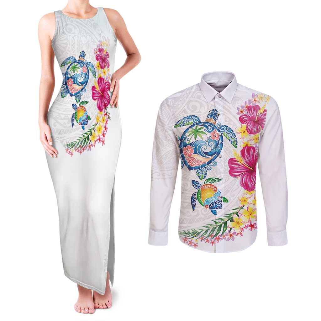 Hawaiian Abstract Art Turtles Couples Matching Tank Maxi Dress and Long Sleeve Button Shirt with Plumeria and Hibiscus LT03 White - Polynesian Pride