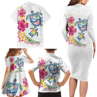 Hawaiian Abstract Art Turtles Family Matching Long Sleeve Bodycon Dress and Hawaiian Shirt with Plumeria and Hibiscus LT03 - Polynesian Pride