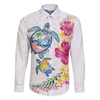 Hawaiian Abstract Art Turtles Family Matching Long Sleeve Bodycon Dress and Hawaiian Shirt with Plumeria and Hibiscus LT03 Dad's Shirt - Long Sleeve White - Polynesian Pride