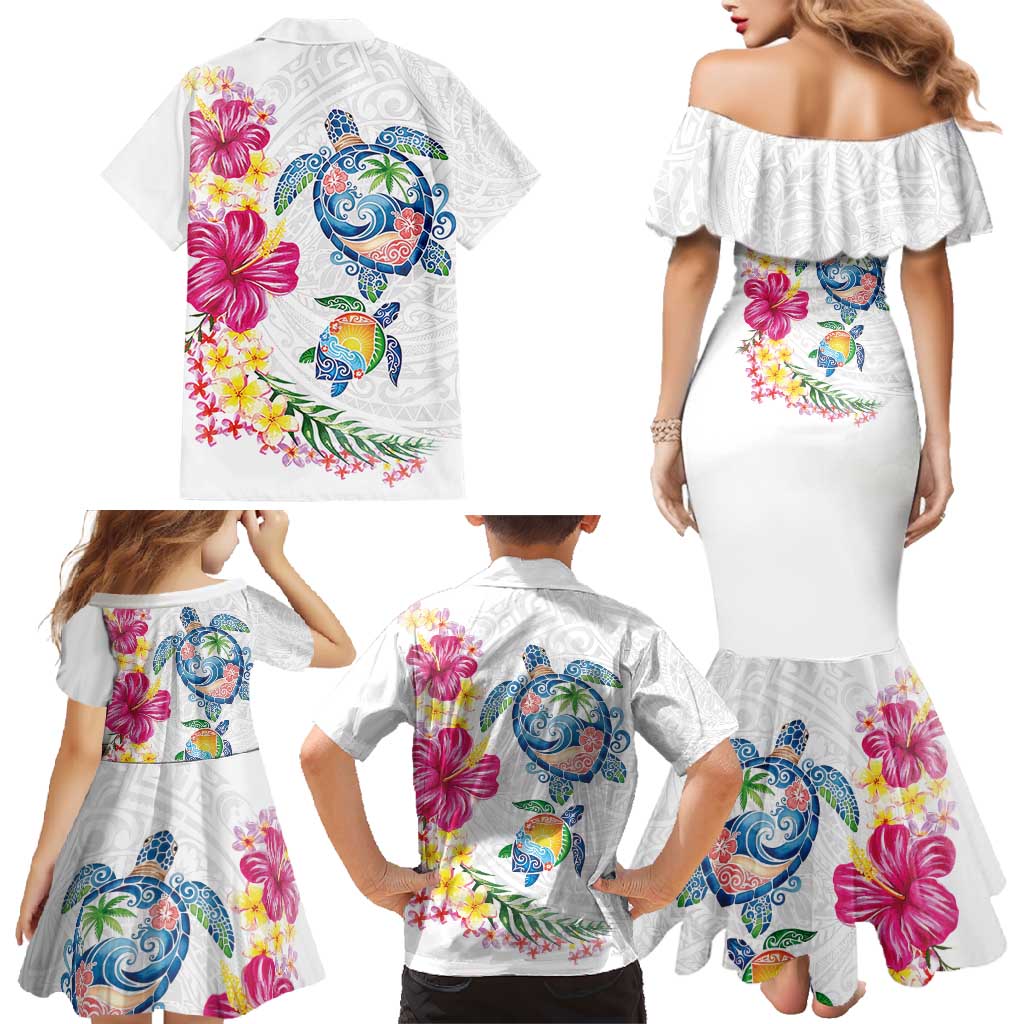 Hawaiian Abstract Art Turtles Family Matching Mermaid Dress and Hawaiian Shirt with Plumeria and Hibiscus LT03 - Polynesian Pride
