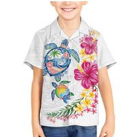 Hawaiian Abstract Art Turtles Family Matching Mermaid Dress and Hawaiian Shirt with Plumeria and Hibiscus LT03 Son's Shirt White - Polynesian Pride