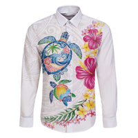 Hawaiian Abstract Art Turtles Family Matching Off The Shoulder Long Sleeve Dress and Hawaiian Shirt with Plumeria and Hibiscus LT03 Dad's Shirt - Long Sleeve White - Polynesian Pride