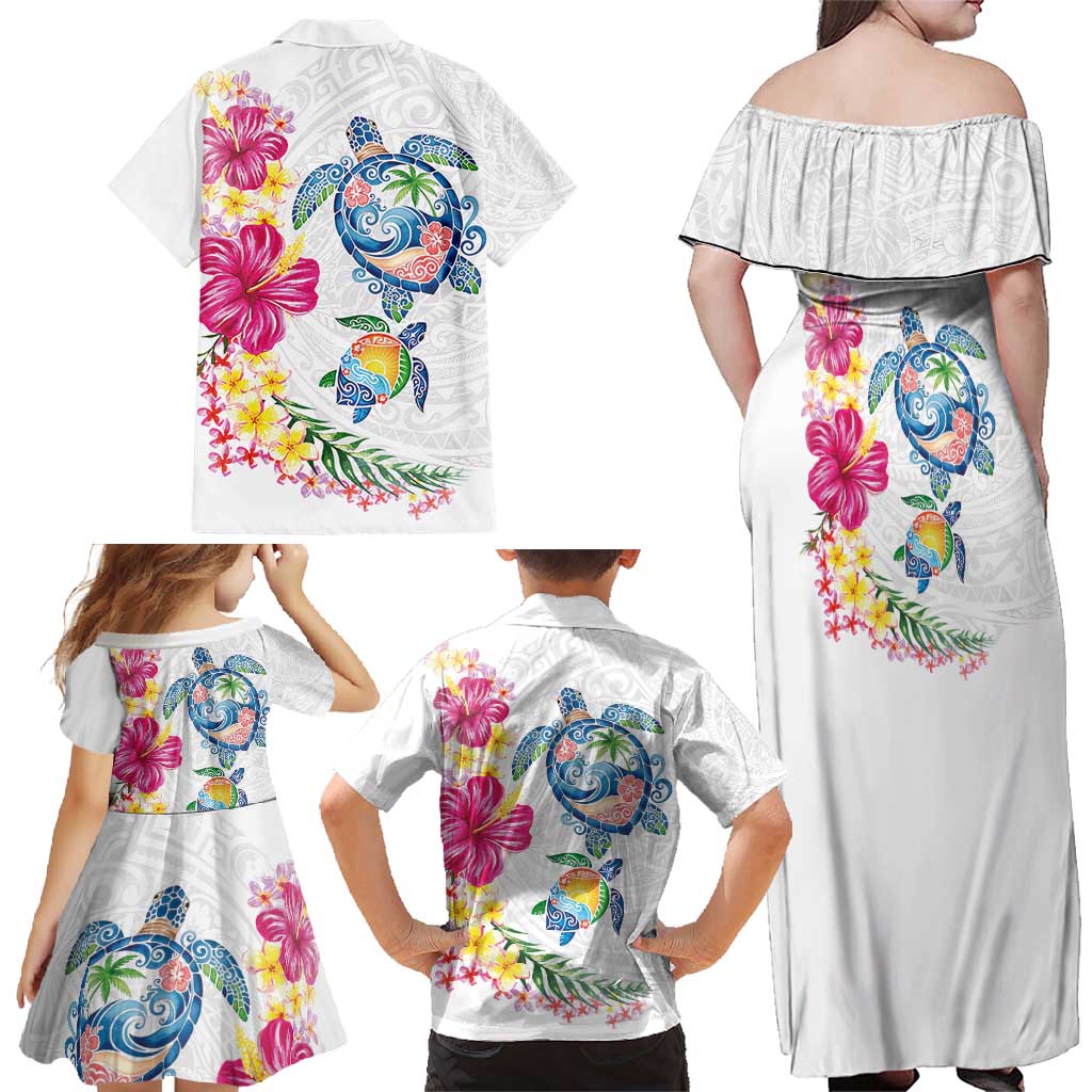 Hawaiian Abstract Art Turtles Family Matching Off Shoulder Maxi Dress and Hawaiian Shirt with Plumeria and Hibiscus LT03 - Polynesian Pride