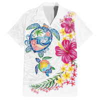 Hawaiian Abstract Art Turtles Family Matching Off Shoulder Maxi Dress and Hawaiian Shirt with Plumeria and Hibiscus LT03 Dad's Shirt - Short Sleeve White - Polynesian Pride
