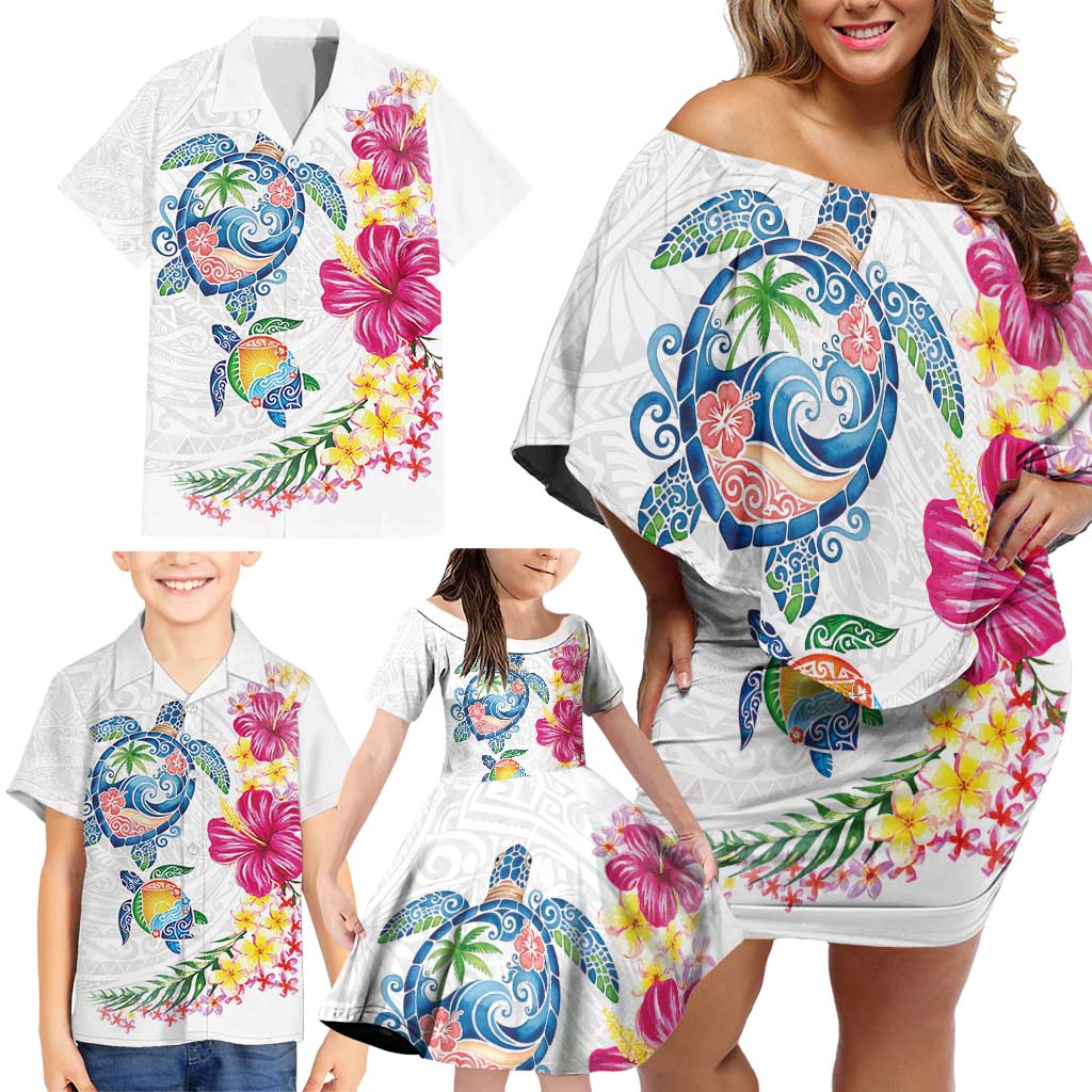 Hawaiian Abstract Art Turtles Family Matching Off Shoulder Short Dress and Hawaiian Shirt with Plumeria and Hibiscus LT03 - Polynesian Pride