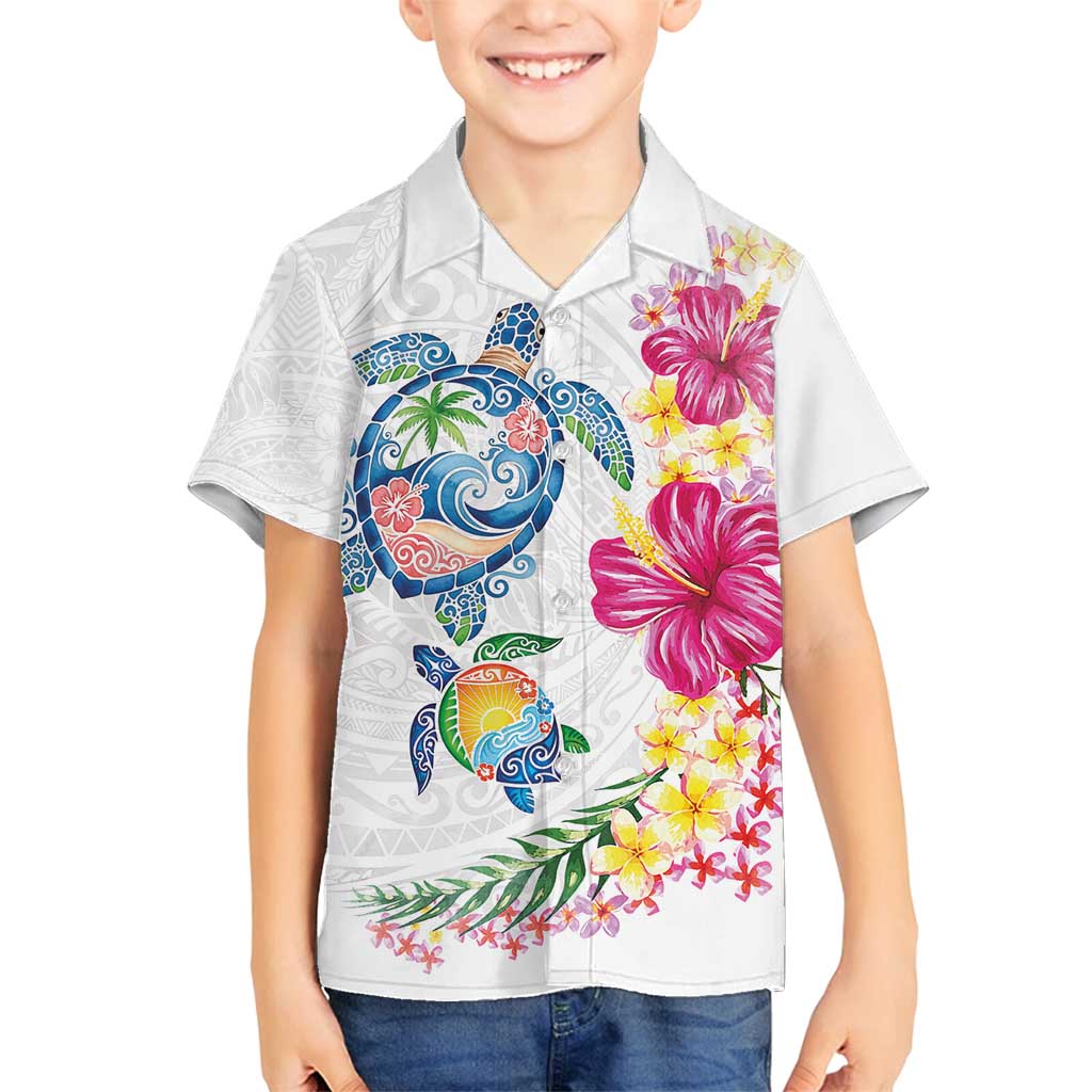 Hawaiian Abstract Art Turtles Family Matching Off Shoulder Short Dress and Hawaiian Shirt with Plumeria and Hibiscus LT03 Son's Shirt White - Polynesian Pride