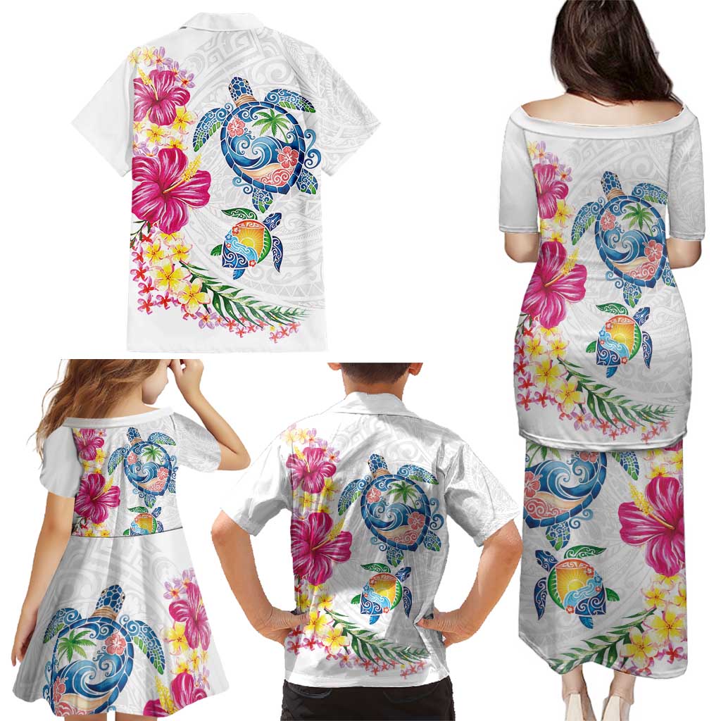 Hawaiian Abstract Art Turtles Family Matching Puletasi and Hawaiian Shirt with Plumeria and Hibiscus LT03 - Polynesian Pride