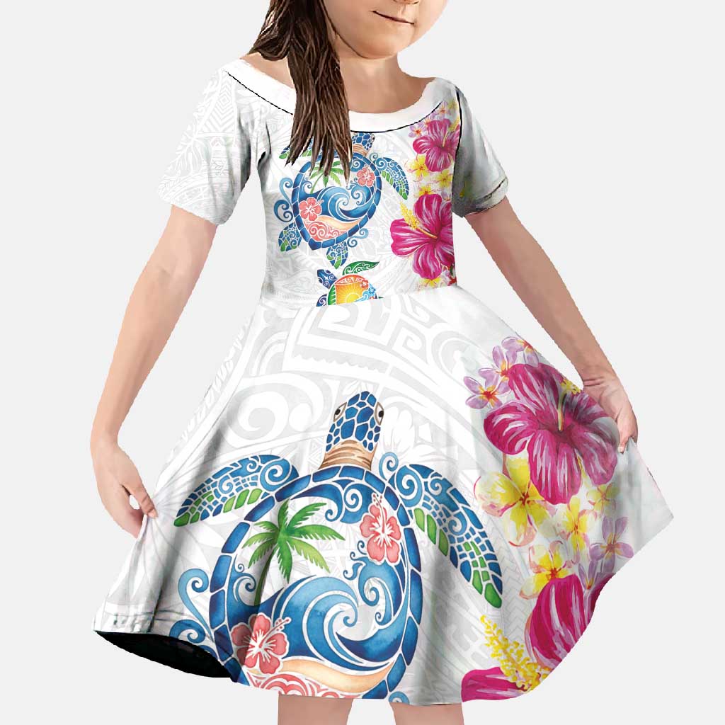 Hawaiian Abstract Art Turtles Family Matching Short Sleeve Bodycon Dress and Hawaiian Shirt with Plumeria and Hibiscus LT03 Daughter's Dress White - Polynesian Pride