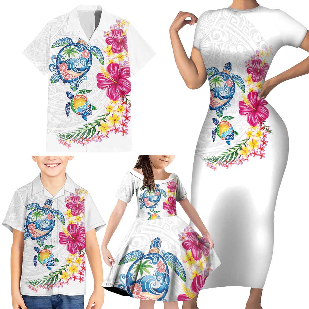 Hawaiian Abstract Art Turtles Family Matching Short Sleeve Bodycon Dress and Hawaiian Shirt with Plumeria and Hibiscus LT03 - Polynesian Pride